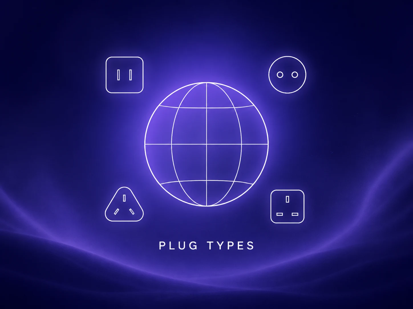 Dreamy indigo illustration of a globe and simple plug types