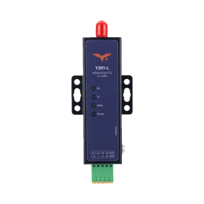 Slim Y201-L mini LoRa DTU with a front status panel, antenna connector and green serial terminal block