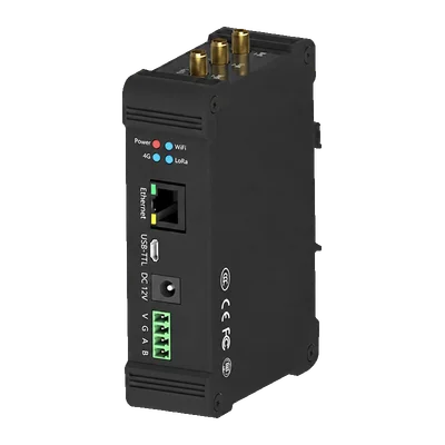 Black Y501-L indoor LoRaWAN gateway with top antenna connectors, Ethernet port and front status indicators