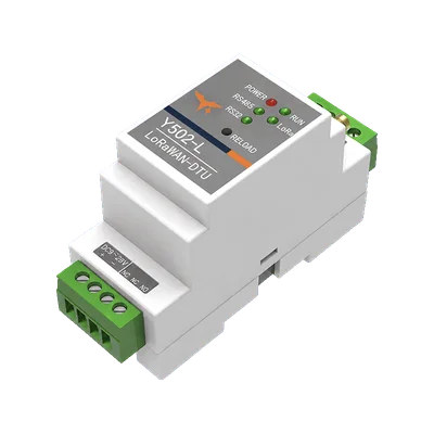 White Y502-L LoRaWAN serial DTU with green terminal blocks and a printed front identification panel