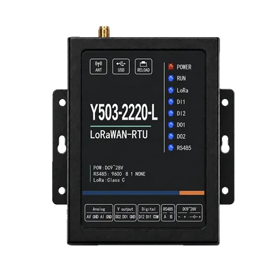 Black Y503-2220-L LoRaWAN RTU with front I/O status indicators, printed terminal labels and side mounting tabs