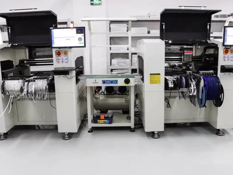 Workers preparing electronic devices on a production line