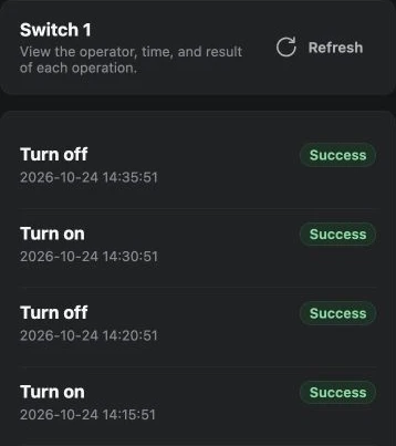 YenGear Cloud operation records for Switch 1 listing each command and its time