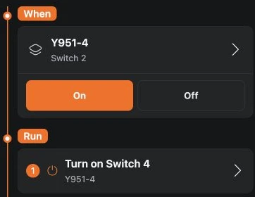 YenGear Cloud rule editor: when Switch 2 is on, run the action to turn on Switch 4
