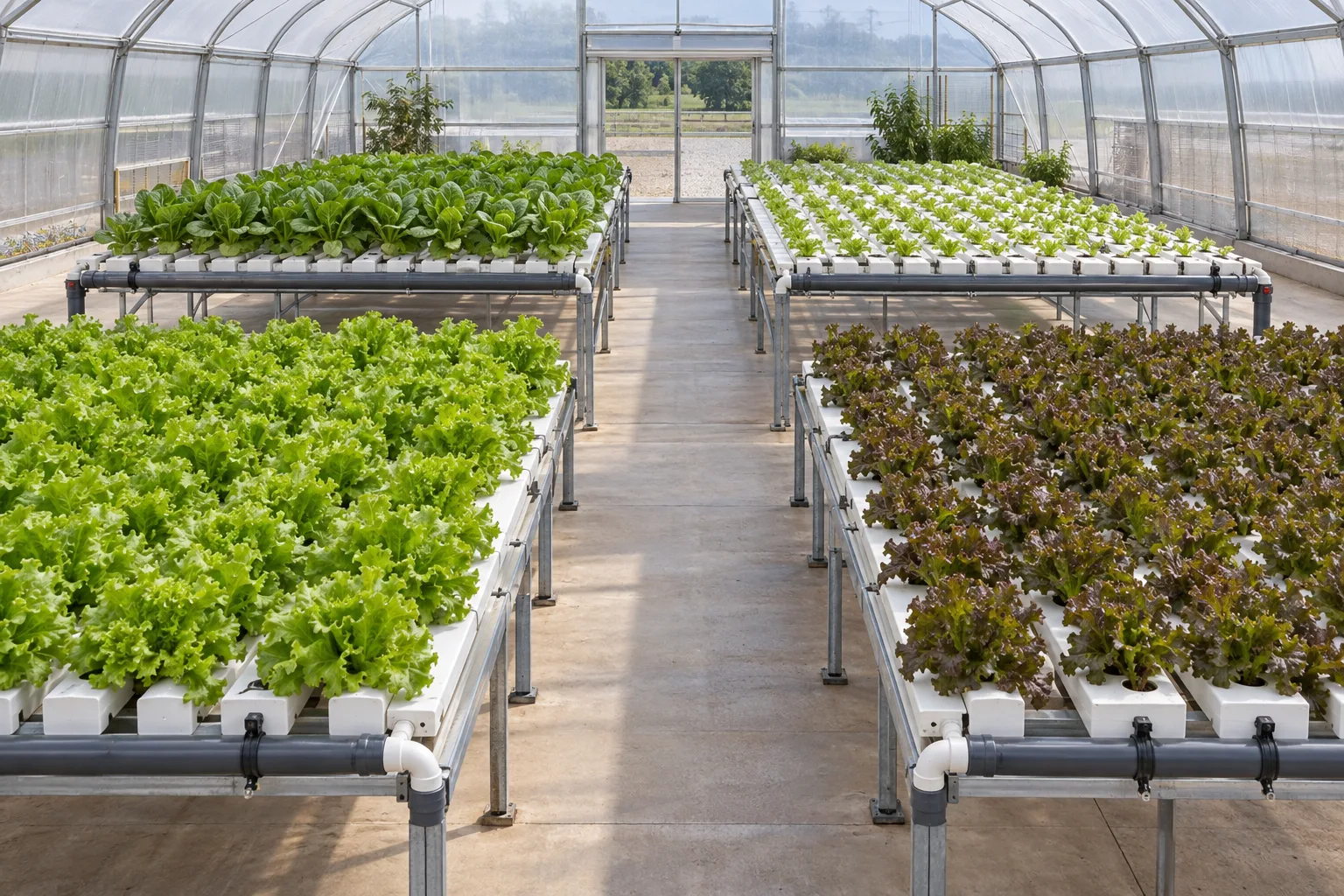 Hydroponic leafy-green benches separated by greenhouse aisles with supply piping