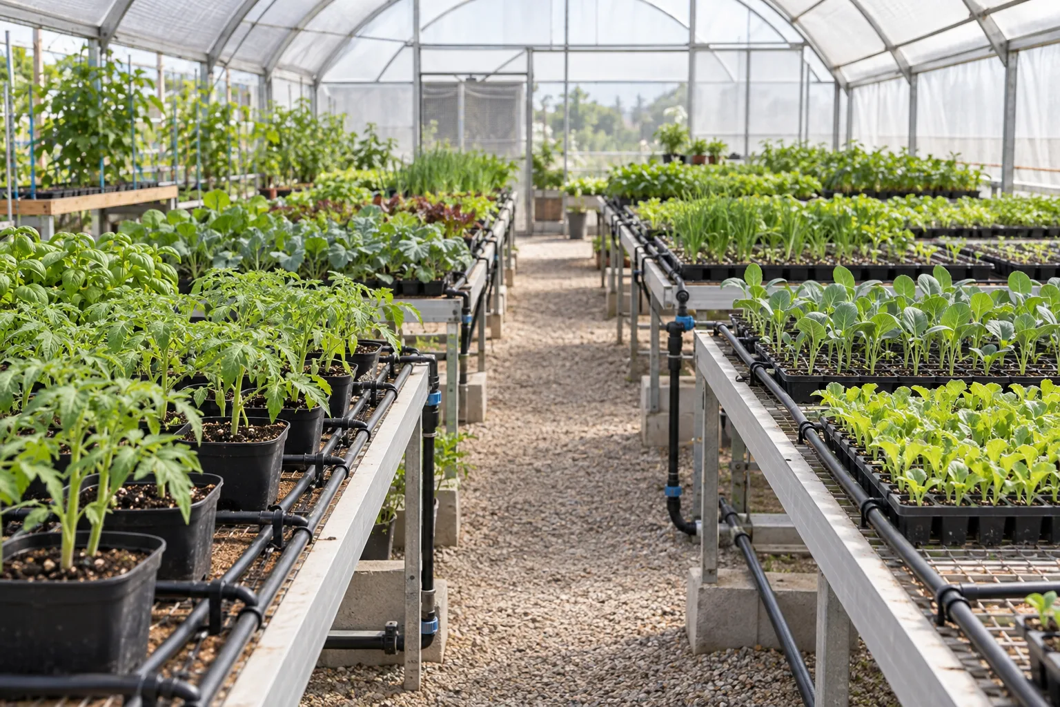 Grouped seedling trays and pots with irrigation branch lines in a nursery greenhouse