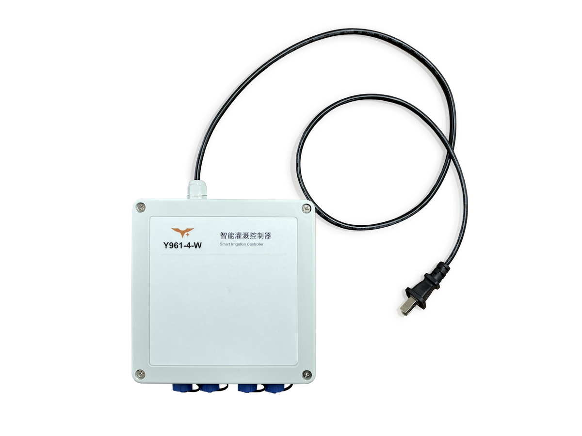 Y961 four-output Wi-Fi irrigation controller with its power cord