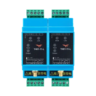Two blue Y401-11-L modules with green input and relay terminal blocks