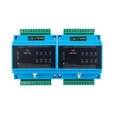 Two blue Y401-44-L wireless I/O modules with green terminal blocks and front-panel status indicators