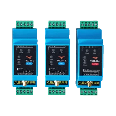 Three slim blue Y402-11-L wireless I/O modules with green terminal blocks
