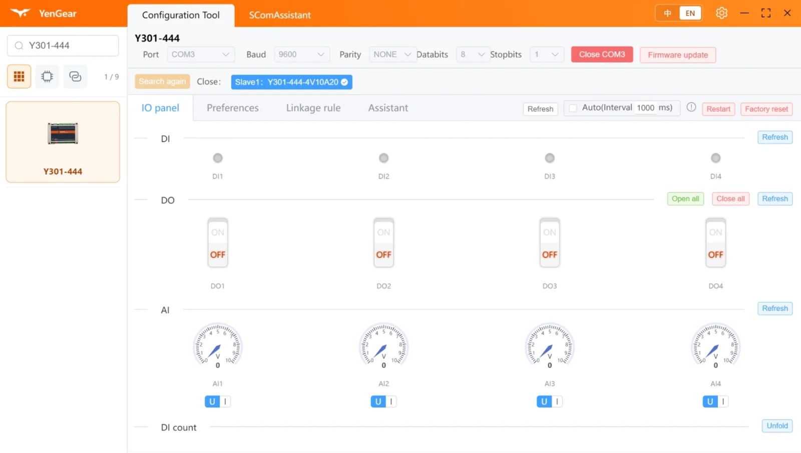 YenGear Toolbox Configuration Tool showing a selected Y301-444 and its I/O panel