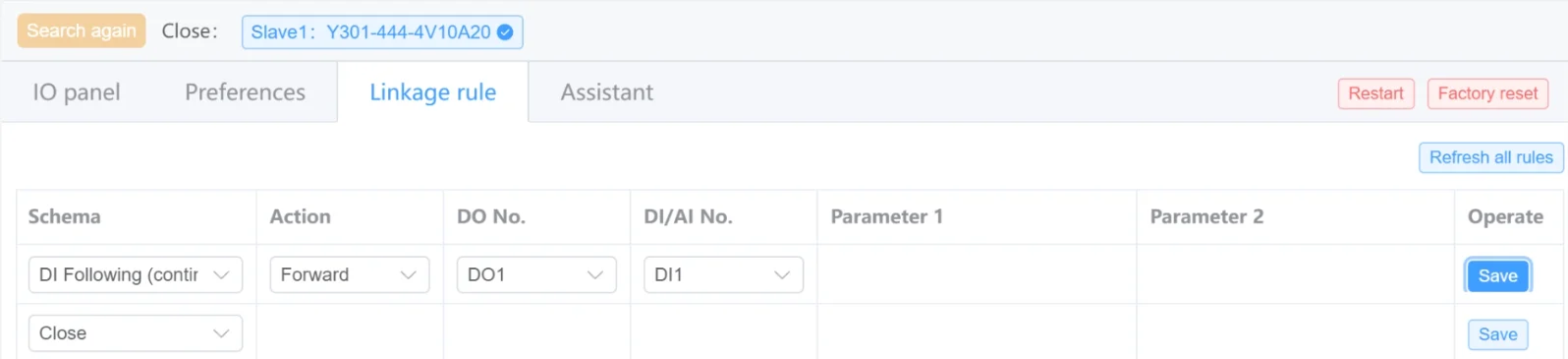 DI-following rule fields set to Forward, DO1 and DI1, with Save and Refresh all rules controls