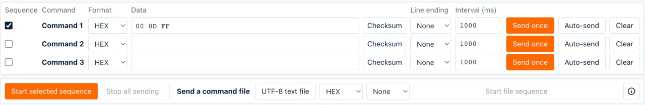 Three Serial Monitor command rows with format, checksum and send controls, followed by command sequence and file sequence controls